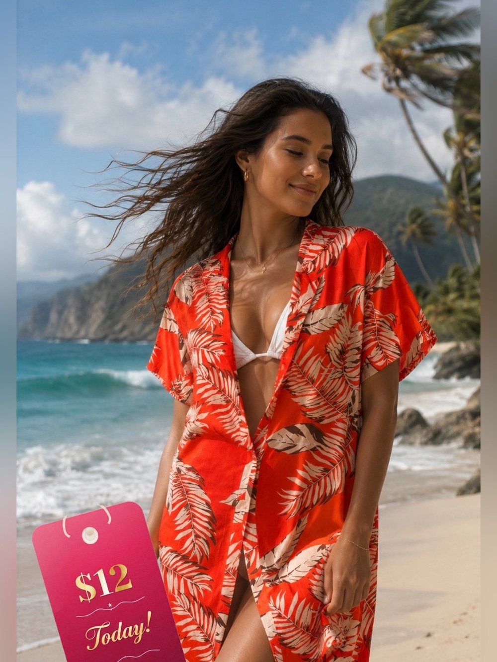 🍓Orange white palm Tropical Kimono Print, unisex🍓